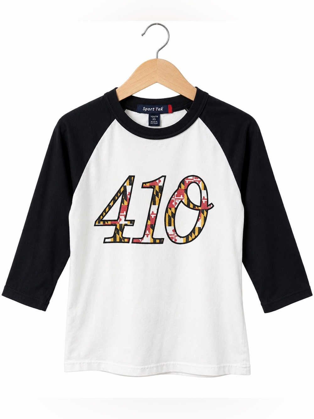 Sport-Tek Kids Black & White Raglan Tee with Multicolor '410' Graphic
